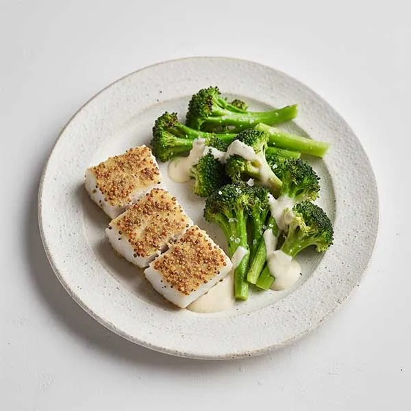 Mustard Crusted Fish With Sauteed Broccoli And Cream Cheese Sauce